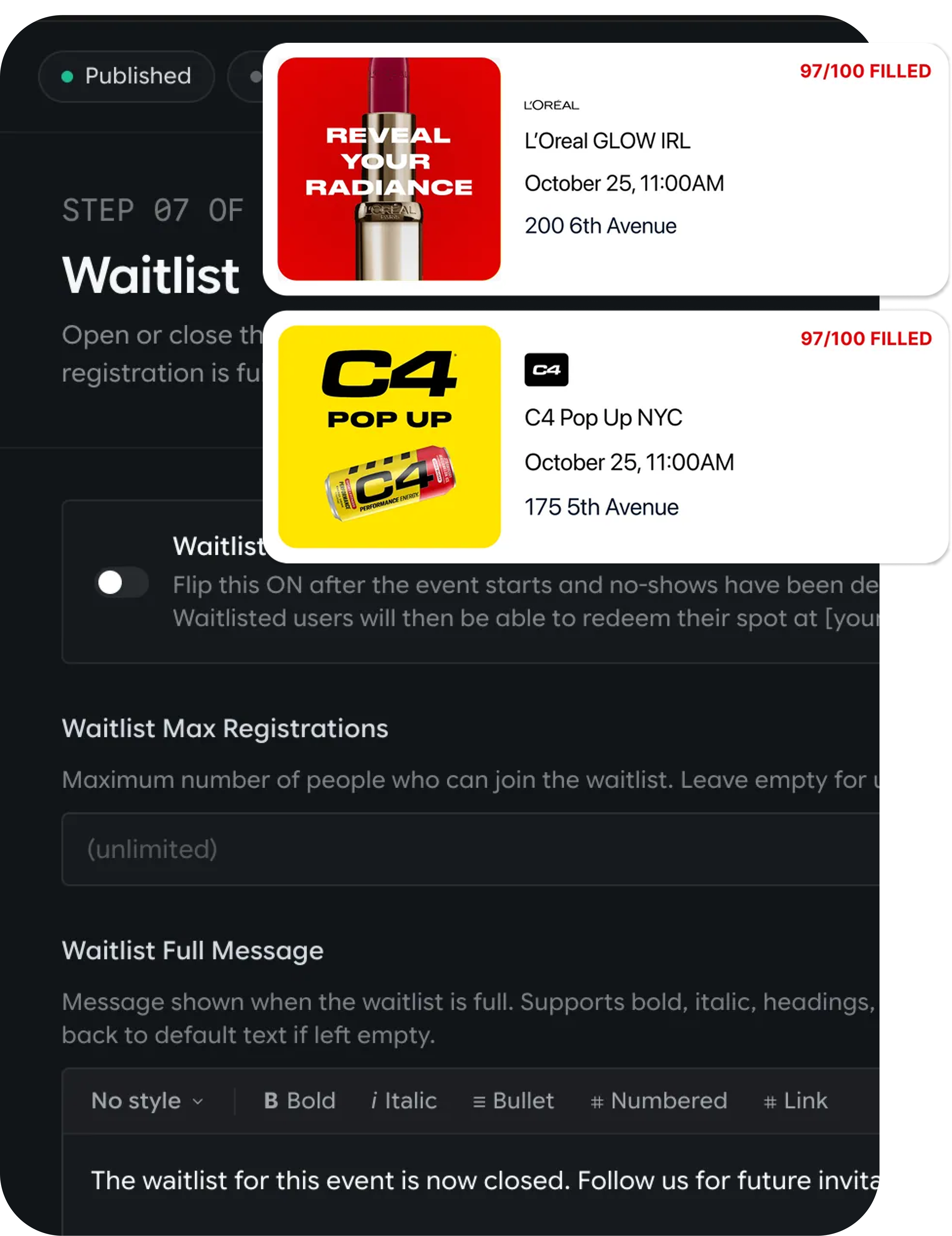 Waitlist and capacity management controls